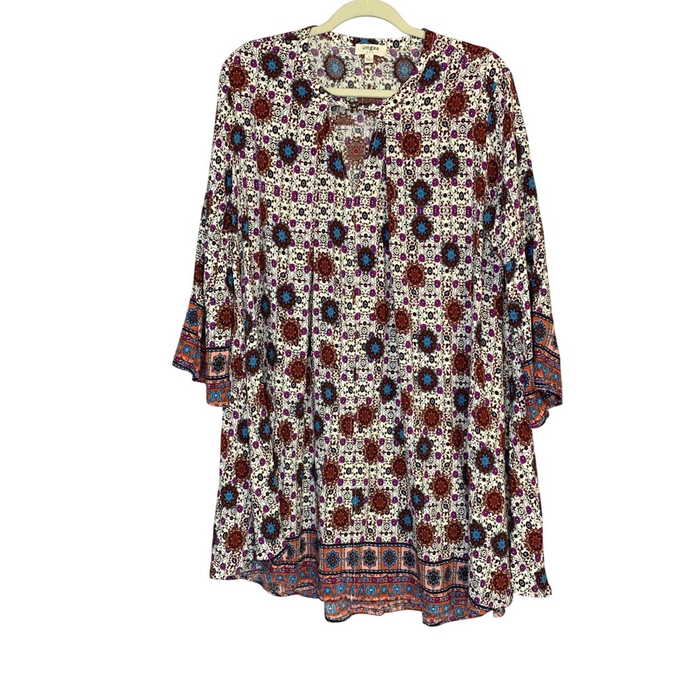 Umgee USA Boho Paisley Floral Print Bell Sleeve Tunic Dress Women's‎ Size L